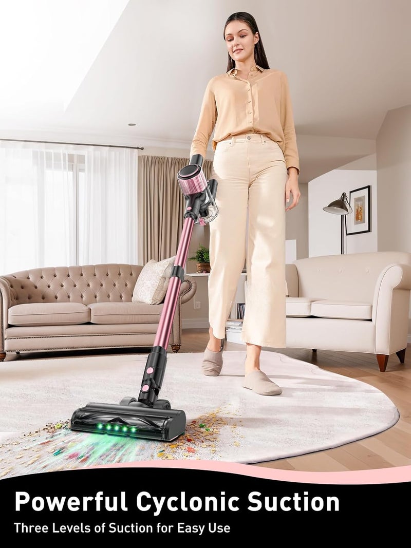VICEASE مكنسة كهربائية لاسلكية، 8 في 1، شفط قوي، مكنسة خفيفة الوزن للمنزل، شاشة LED، 3 أوضاع شفط، بطارية قابلة للفصل لمدة 45 دقيقة، مكنسة للأرضيات الصلبة والسجاد وشعر الحيوانات الأليفة، وردي - Image 2
